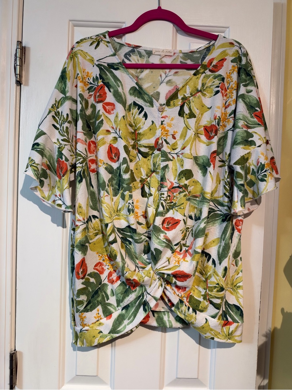 Joie De Vivre V-Neck Floral Knot-Front Blouse in White, Green & Coral